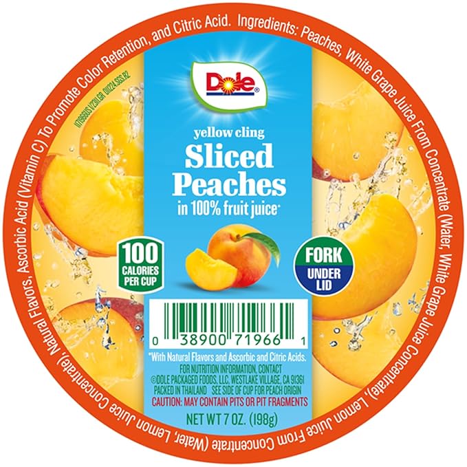 Dole Fruit Bowls Diced Peaches in 100% Juice Snacks, 7oz 12 Total Cups, Gluten & Dairy Free, Bulk Lunch Snacks for Kids & Adults