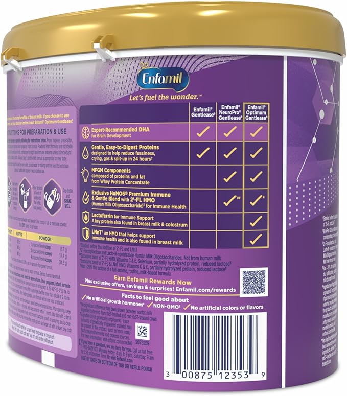 Enfamil Optimum (Enspire) Gentlease, Our Closest Formula to Breast Milk, Immune-Supporting Lactoferrin and Brain-Supporting DHA Baby Formula - Powder 19.5 Oz Tub, Pack of 4
