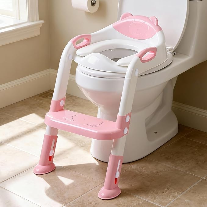 Potty Training Seat with Step Stool Ladder, SKYROKU Potty Training Toilet for Kids Boys Girls Toddlers - Comfortable Safe Potty Seat with Anti-Slip Pads Ladder Pink