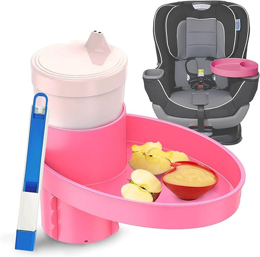 Complete Kids Travel Tray Kit - Easily Expands Cup Holder into 360° Cup & Travel Tray for Kids Car Seat, Booster, and Stroller - Toddler Road Trip Essentials Set Includes Coaster & Brush (Pink)