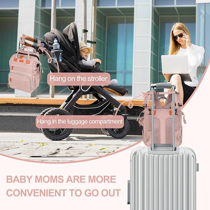 large diaper bag backpack，baby bag with changing station for Boys Girls，Multifunctional Diaper Bag，Mommy Bag With USB Charging Port（Pink）