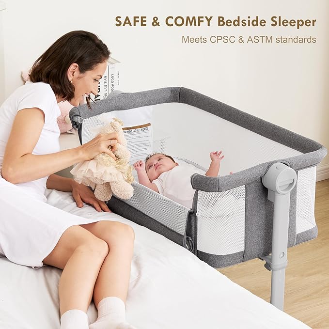Bassinet Bedside Sleeper - All-Mesh Design, Portable Bedside Bassinet for Baby with Washable Mattress, 5 Adjustable Heights (Grey)