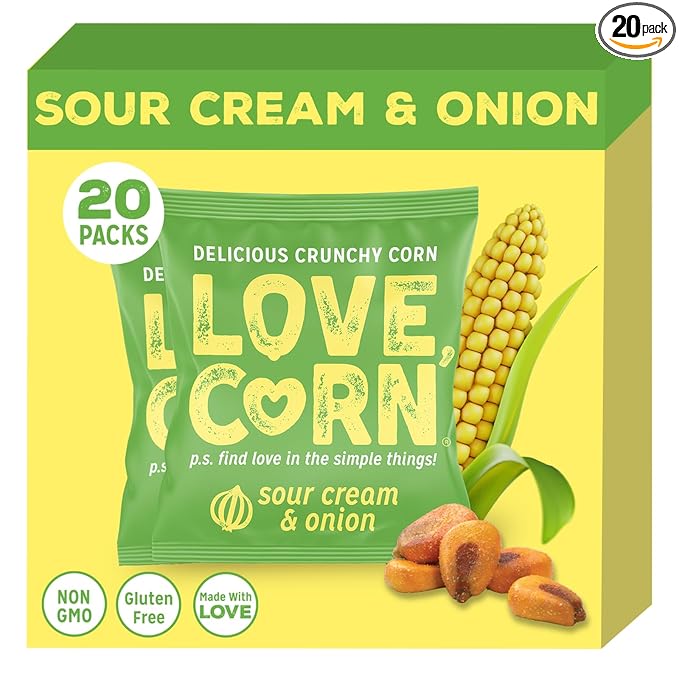 LOVE CORN Sour Cream & Onion 0.7oz x 20 Bags - Delicious Crunchy Corn - Healthy Family Snacks - Gluten Free, Kosher, NON-GMO - Alternative for Chips, Nuts, Crackers & Pretzels - Perfect for Charcuterie Boards