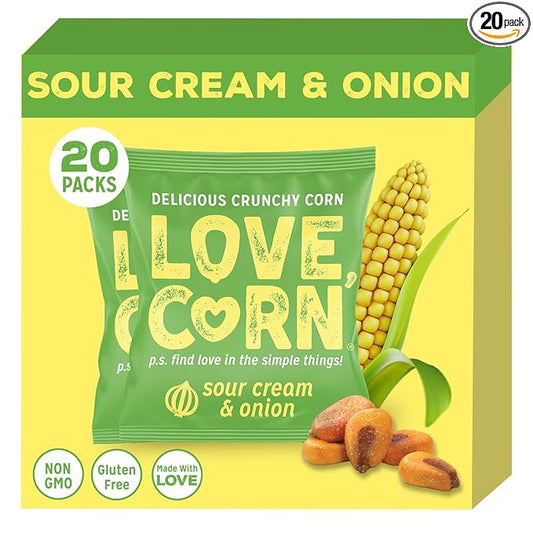 LOVE CORN Sour Cream & Onion 0.7oz x 20 Bags - Delicious Crunchy Corn - Healthy Family Snacks - Gluten Free, Kosher, NON-GMO - Alternative for Chips, Nuts, Crackers & Pretzels - Perfect for Charcuterie Boards