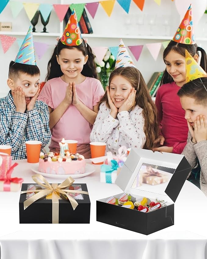 COTOPHER 10Pcs Cookie Boxes with Ribbons, 9x6x3 Inch Bakery Boxes with Window, Black Treat Containers for Pastries, Chocolate Covered Strawberries, Dessert, Easter Candy, Muffins, Donuts