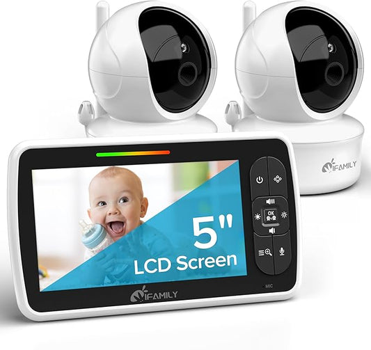 iFamily Baby Monitor with 2 Cameras | Remote Pan-Tilt-Zoom Video Baby Monitor with Camera and Audio, 5” Large Display, Night Vision, Temperature Display, Lullaby, 2 Way Audio & 960ft Range
