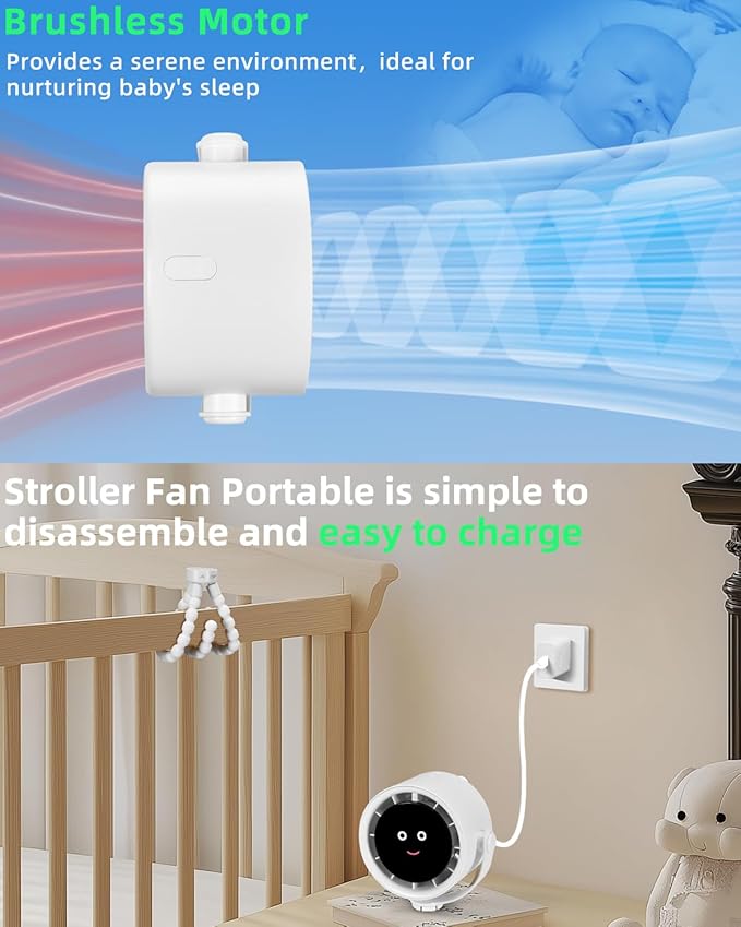 Stroller Fan Portable, Personal Fan for Travel, Air Turbo Tech & Digital display, Detachable 5 Speeds Rechargeable 360° Rotate Flexible Tripod, For Home Office Stroller (White)
