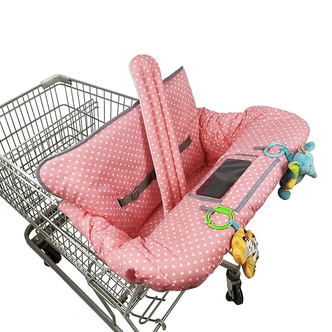 ICOPUCA Shopping Cart Cover, 2 in 1 cart Cover for Babies N high Chair Cover, Padded Grocery cart Cover for Baby Girl boy, with 1” Thick/Removable/Reversible Cushion, Pink dots;