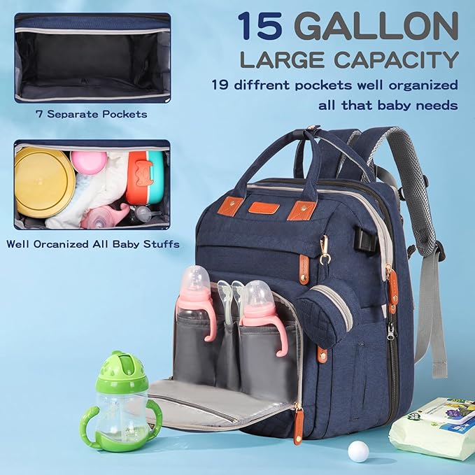 JOYCE Baby Diaper Bag Backpack, with Diaper Changing Station, Multi-functional Travel Diaper Waterproof Backpack, for Baby Boys and Girls, with Foldable Portable Pad and Sunshade (Large Blue)