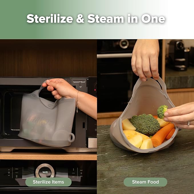 Haakaa Silicone Microwave Steamer & Steriliser Bag, 70oz/2000ml Large Capacity Reusable Steaming Bags for Baby Bottles, Breast Pump, Accessories, Pacifiers,Teethers, Great for Home&On The Go,Grey/2PCS