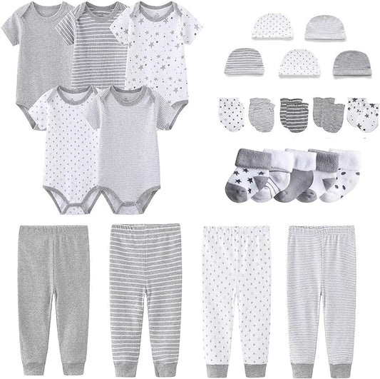 Newborn Layette Gift Set Bodysuits Pants for Baby Girl and Boy 24 Piece 100% Cotton Essentials and Accessories