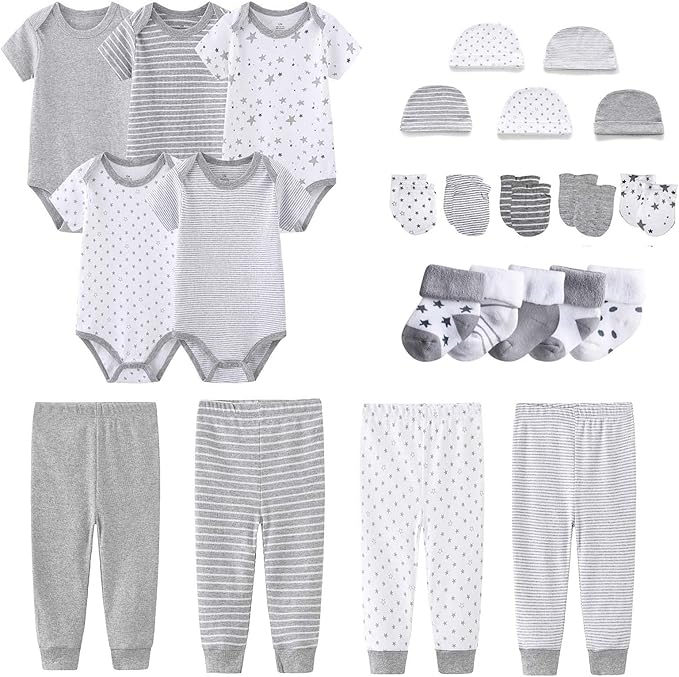 Newborn Layette Gift Set Bodysuits Pants for Baby Girl and Boy 24 Piece 100% Cotton Essentials and Accessories