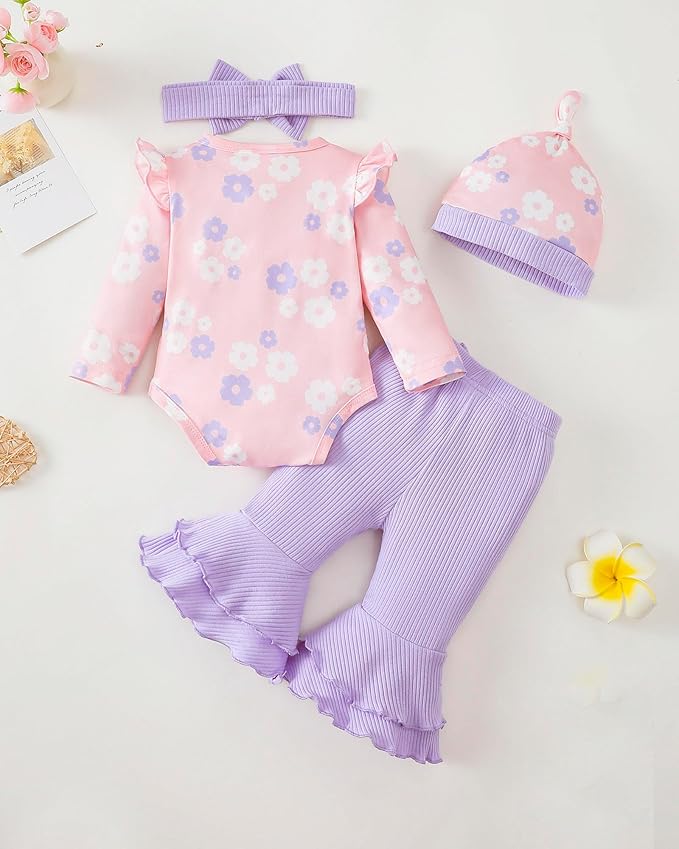 Renotemy Preemie Newborn Baby Girl Clothes Infant Romper Fall Winter Outfits Gifts for Girls Cute Bell Bottoms Pant Sets