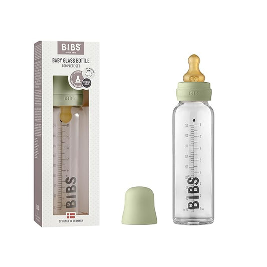 BIBS Baby Glass Bottle Complete Set 225 ml | BPA Free Natural Rubber | Made in Denmark | Sage