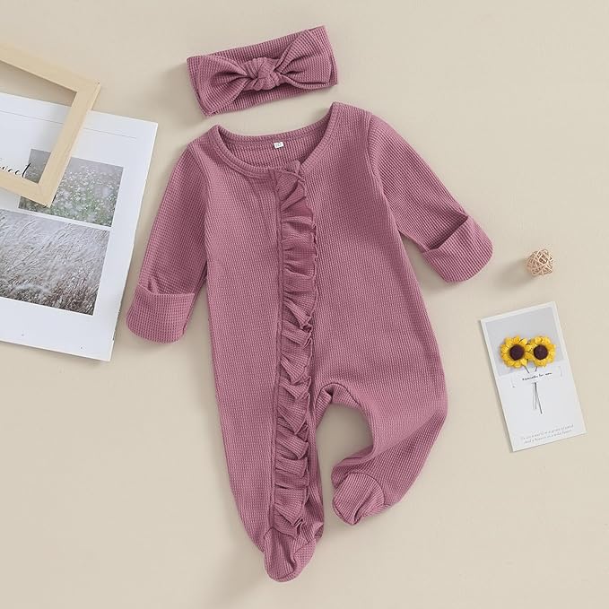 Fanvereka Newborn Infant Baby Girl Fall Outfit Romper 3 6 12 Months Girls Long Sleeve Full Length Zipper Footie Headband