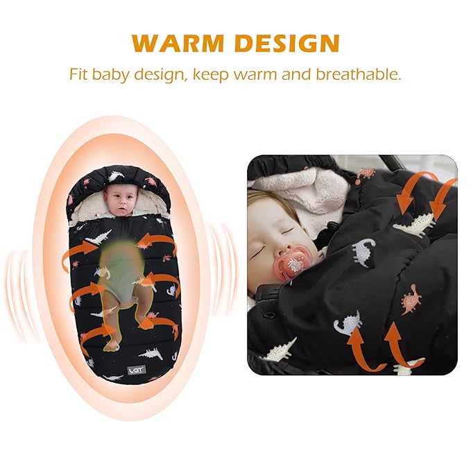 LAT Baby Warm Bunting Bag Universal,Stroller Sleeping Bag Cold Weather,Waterproof Toddler Footmuff(Detachable,Black Dinosaur)
