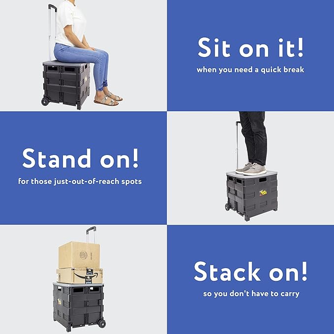 dbest products Quik Cart Collapsible Rolling Crate on Wheels for Teachers Tote Basket 80 lbs Capacity, Made from Heavy Duty Plastic and Used as a Seat, Grey