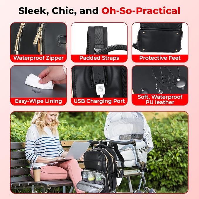 Award-Winning Premium Leather Diaper Bag Backpack – Stylish, Durable, Waterproof Vegan Leather with PEVA Changing Pad & Baby Headrest, Travel-Friendly, Organized for Busy Parents