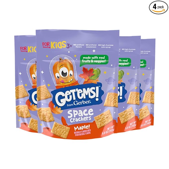 Get'ems! from Gerber, Snacks for Kids, Maple Space Crackers Snacks for Kids, Made with Real Veggies & Fruits, Iron & Vitamin E - 4 pack