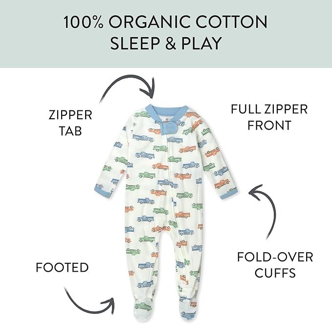 HonestBaby Sleep & Play Footed One-piece Pajama Sleeper 100% Organic Cotton, Baby Boys