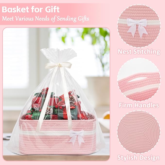 OIAHOMY Large Woven Storage Basket with Handles for Nursery Living Room Shelves, Bow Basket for Gifts Empty with Gift Bags and Ribbons for Baby Showers Pet Toy Bin - Pink
