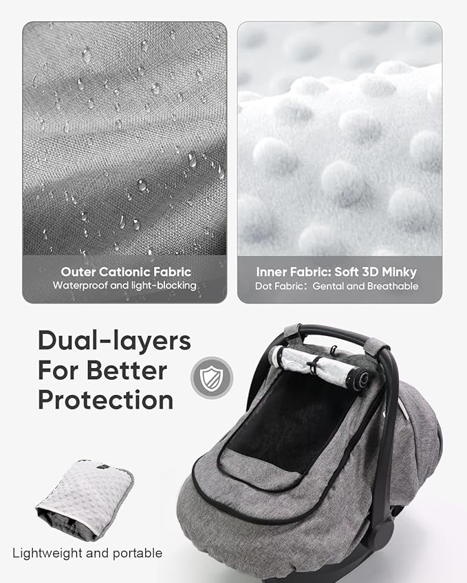 Waterproof Car Seat Cover for Baby, 2-Layer Car Seat Rain Cover with Clear Window & Sunshade & Mesh Cover, Universal Infant Carseat Canopy for Stroller, Protect from Rain and Snow - Gray