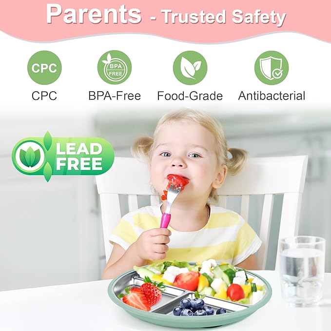Stainless Steel Toddler Plates Silicone Suction,3 Packs Non-Slip Baby Plates,Divided Portion,Food-Grade Silicone Plate for Kids,LEAD-FREE Dishwasher Safe,Grey Green Pink