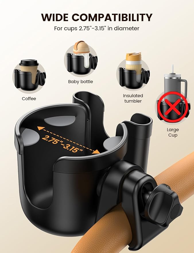 Stroller Cup Holder with Phone Holder - [Upgraded Anti-Slip Grips] [2-in-1] Walker Cup Holder, Wheelchair, Stroller Accessories, Universal Holder for Uppababy, Doona, Nuna, Jogger, Britax, Bugaboo