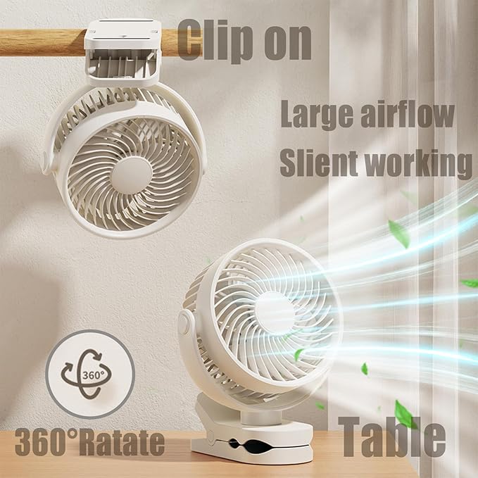 Personal Clip on Fan 2000mAh Battery Operated, Type-C 4 Speed Max 8.5 Hrs 360° adjustment Clip fan, Small Portable Fan for Office, Bedroom, Desk, dormitory, Camping, Stroller, Golf Cart - White