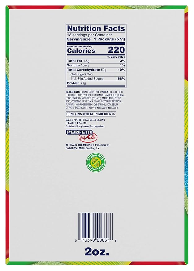 Airheads Xtremes Belts, Halloween Trick or Treat Sweetly Sour Candy, Rainbow Berry, Individually Wrapped Bulk Candy for Adults & Kids, Non-Melting, Party Bag, 2 oz (Pack of 18)