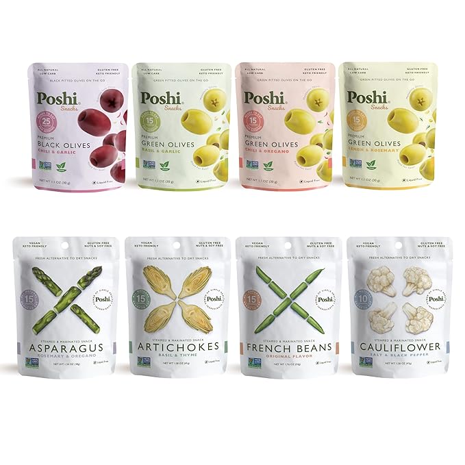 Poshi Olives + Veggies | Whole Pitted Olives 4 Flavor Variety | Poshi 4 Flavor Variety | Vegan, Kosher, Gluten Free + Keto Friendly Healthy Snacks (24 Pack)