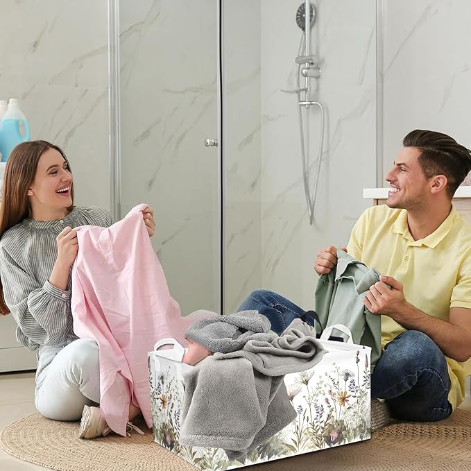 Wild Flowers Shelf Basket Floral Baby Shower Basket for Kids Girls Room Rectangle Clothes Toys Cube Storage Basket (Flowers)