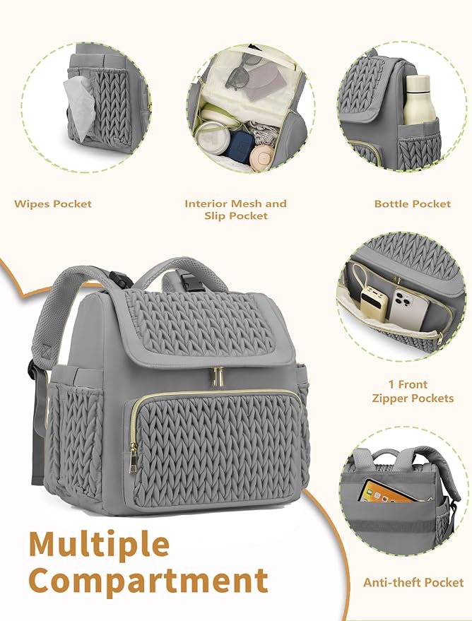 Diaper Bag Backpack, Baby Bag with Changing Pad, Travel Waterproof Diaper Bag Tote, Newborn Essentials Must Haves, Luxury baby shower gifts for boys & Girls, Grey