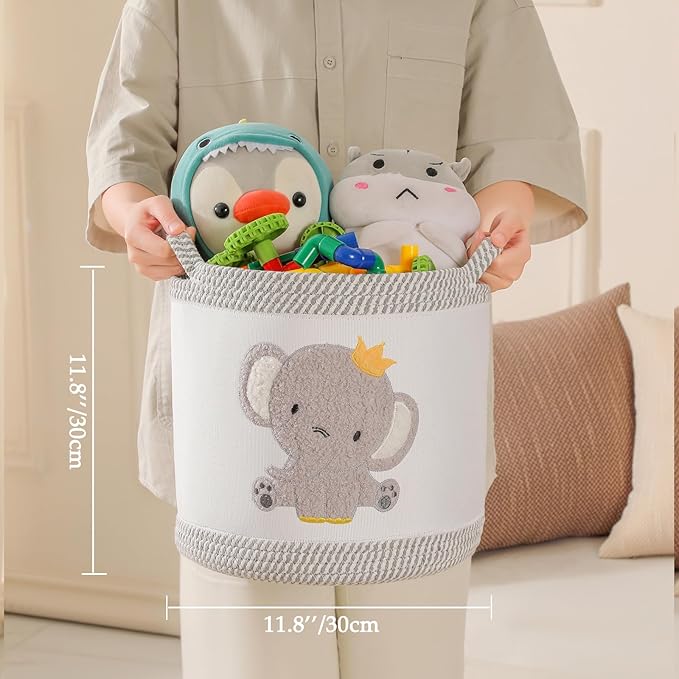 Blanket Baskets Baby Toy Basket Laundry Hamper Cute Elephant Nursery Storage Basket, Woven Cotton Rope Nursery Organization Bins For Girls Boys Kids Baby Shower Gifts Baskets
