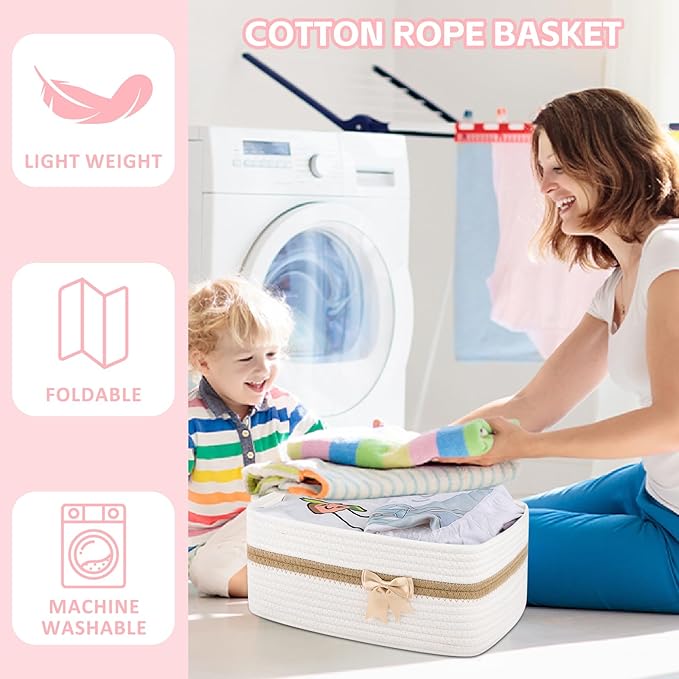 OIAHOMY Large Woven Storage Basket with Handles for Nursery Living Room Shelves, Bow Basket for Gifts Empty with Gift Bags and Ribbons for Baby Showers Pet Toy Bin - White