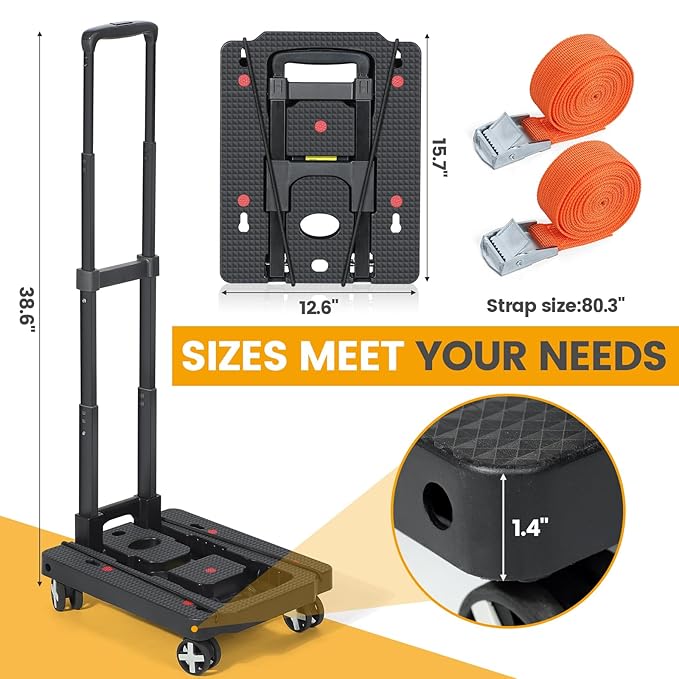 Orzbow Car Seat Dolly for Airport, Folding Car Seat Travel Cart with 4 Wheels and Adjustable Handle, Carseat Roller for Airplane Travel with Straps, Compact Luggage Hand Trolley, Black