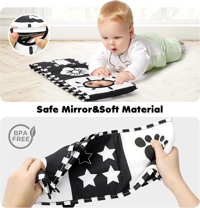 URMYWO Black and White Tummy Time High Contrast Newborn Toys 0-3 Months, Soft Baby Book, Visual Stimulation Montessori Sensory Infant Toys 0-6-12 Months, Shower Gift for Boys Girls