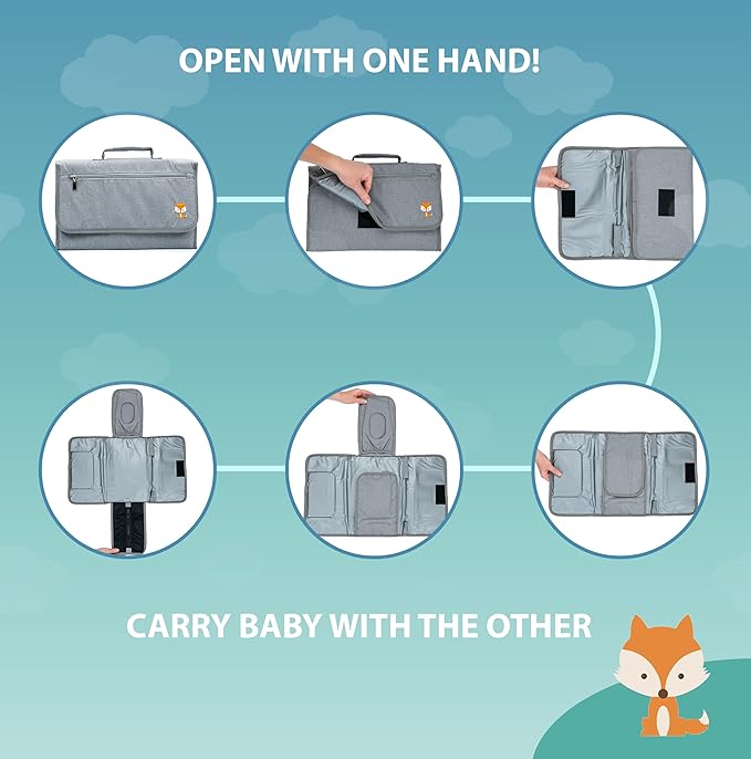 Lil Fox Portable Changing Pad - One-Hand Diaper Change Pad for Baby Diaper Bag or Changing Table. Unisex Baby Shower Gifts, Newborn Essentials