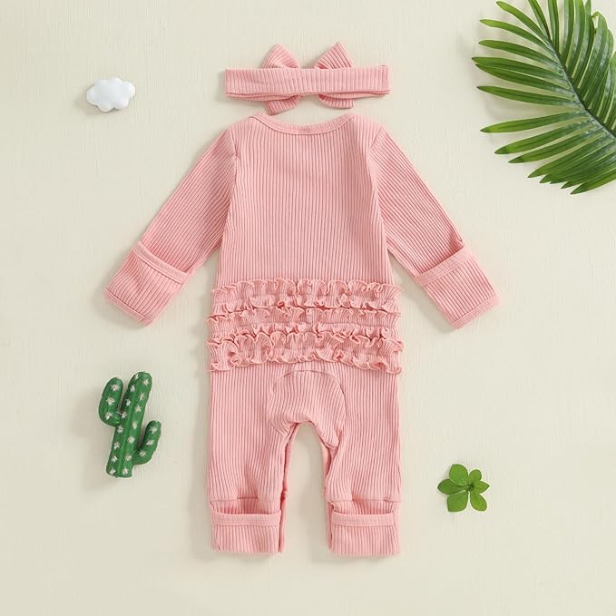 Newborn Baby Girls Rompers Knit Round Neck Long Sleeve Infant Fall Jumpsuits with Headband Coming Home Outfit