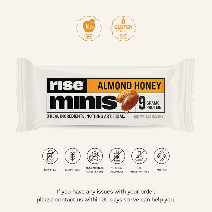 Rise Bar Rise Minis, Mini Protein Bars, Almond Honey, 24 Snack-Size Protein Bars, 1.05 oz (30 g) Each