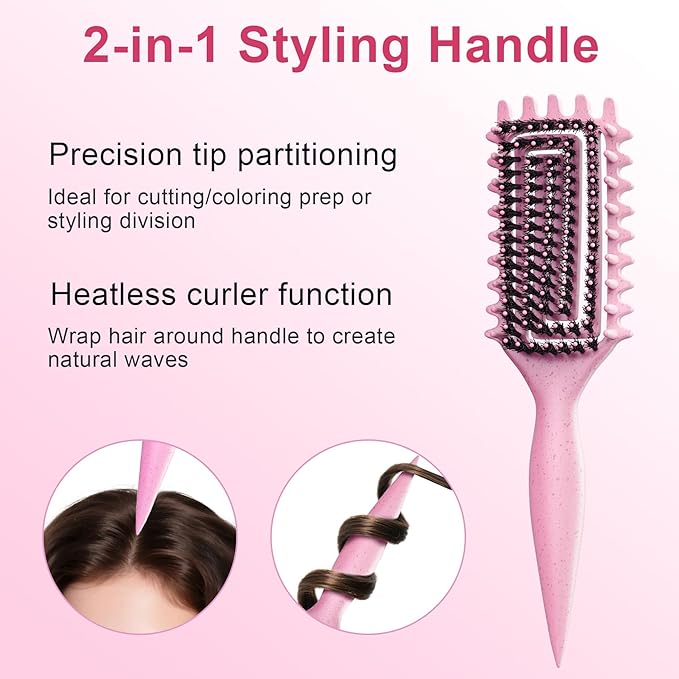 Curly Hair Brush, Curl Defining Brush with Soft Boar Bristles Detangling Tangled Glides, Wide-Teeth Design Effortlessly Shaping & Defining Curls, Curling Definer for Wet & Dry Hair (Pink)