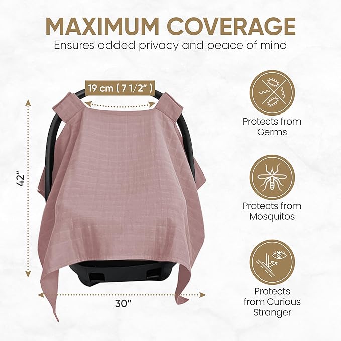 MOZAH 100% Organic Muslin Baby Car Seat Cover Muslin Carseat Canopy Baby Car Seat Covers for Girls (Pale Mauve)