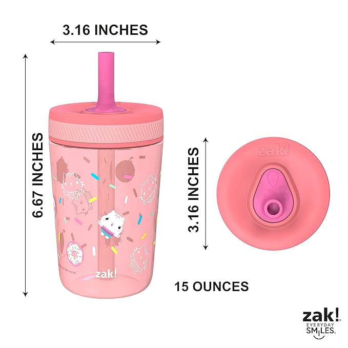 Zak Designs Gabby's Dollhouse Kelso Toddler Cups For Travel or At Home, 15oz 2-Pack Durable Plastic Sippy Cups With Leak-Proof Design is Perfect For Kids Cakey Cat, Mercat
