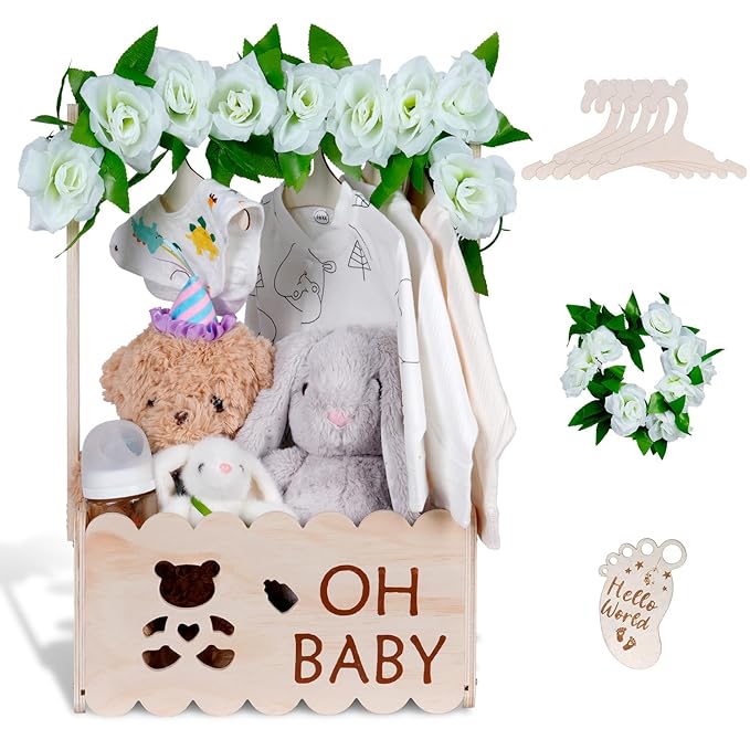 Wooden Baby Shower Crate Closet with Handle,Storage Basket,Baby Clothes Hangers, Newborn Boy Girl Welcome Gift Basket,Easy Assembly Baby Baskets for Baby Shower