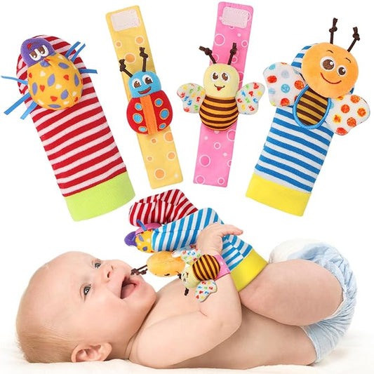 Bloobloomax Baby Rattles Toys for 0-12 Month, Infant Girl Boy Toys for Babies 3-6 Months, Newborn Hand & Foot Toys for 0 to 9 Months, Baby Shower Gifts Set with Wrist Rattle Socks (Pink-4PCS)