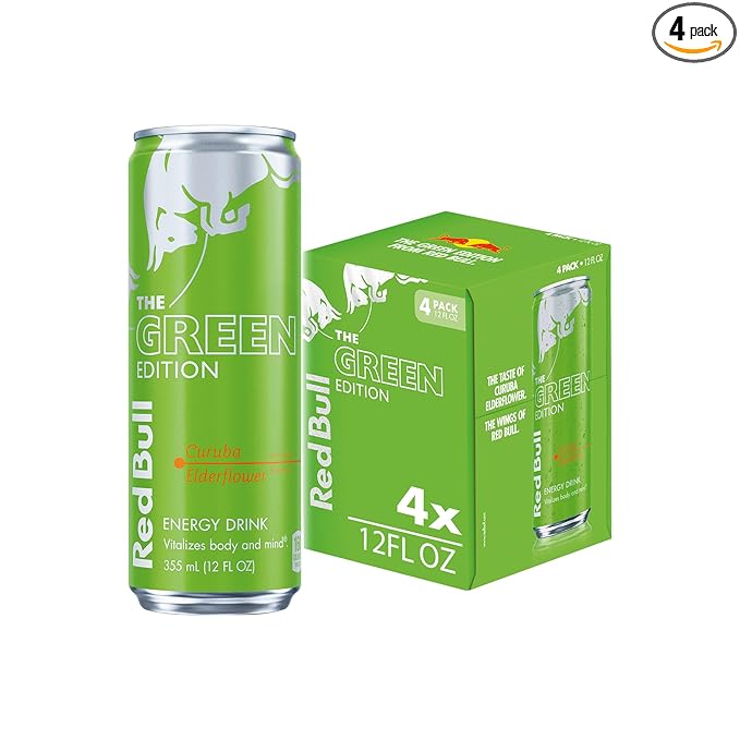 Red Bull Green Edition Energy Drink, Curuba Elderflower, with 114mg Caffeine plus Taurine & B Vitamins, 12 Fl Oz, Pack of 4 Cans