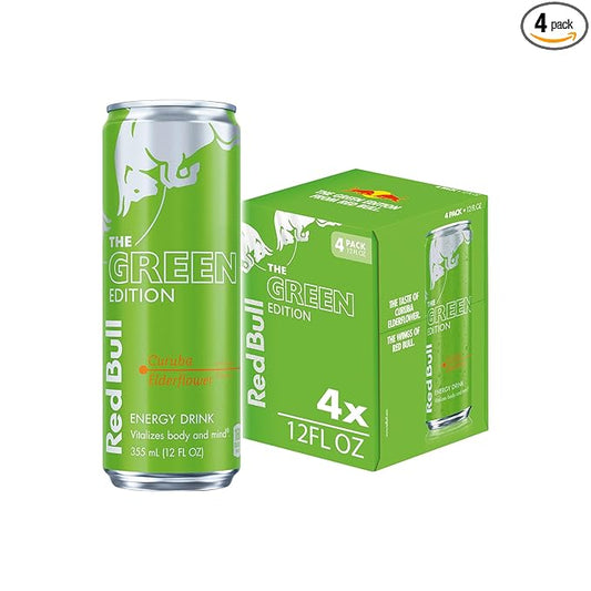 Red Bull Green Edition Energy Drink, Curuba Elderflower, with 114mg Caffeine plus Taurine & B Vitamins, 12 Fl Oz, Pack of 4 Cans