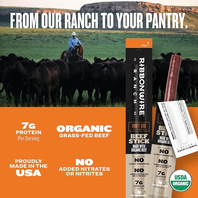 Ribbonwire Ranch Beef Sticks, Made with Organic Beef, Pasture Raised, High Protein Snack, Healthy, Low Carb, Keto Friendly, Gluten Free, Nitrate Free, On the Go, 1 Oz Sticks, Honey BBQ Flavor, 12 Pack