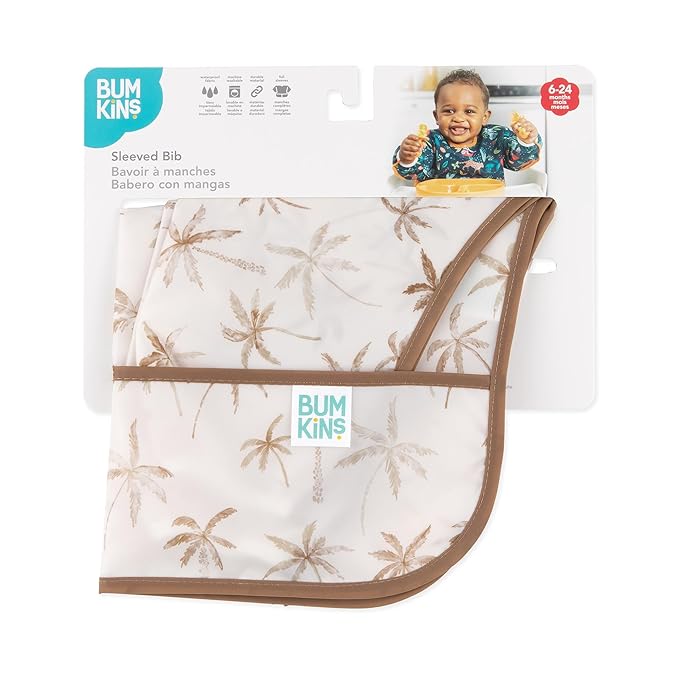 Bumkins Sleeved Bib for Girl or Boy, Baby and Toddler for 6-24 Mos, Essential Must Have for Eating, Feeding, Baby Led Weaning Supplies, Long Sleeve Mess Saving Food Catcher, Soft Fabric, Palm Trees