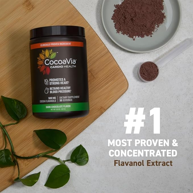 CocoaVia Cardio Health Cocoa Powder, 60 Servings, 500mg Cocoa Flavanols, Support Heart Health, Boost Nitric Oxide, Improve Circulation, Energy, Preworkout, Vegan, Dark Chocolate Cacao